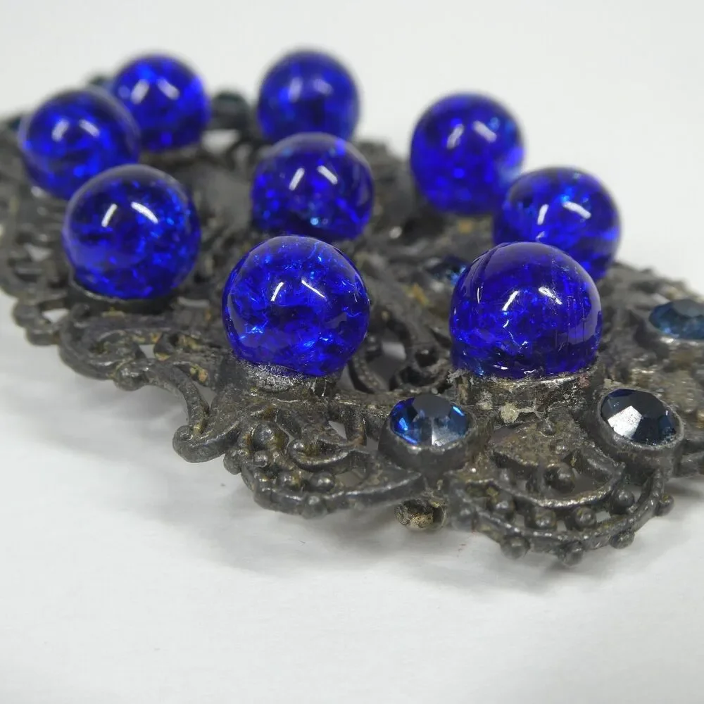 Silver Filigree Blue Rhinestone & Glass Crystal Brooch Antique Pin Czech?